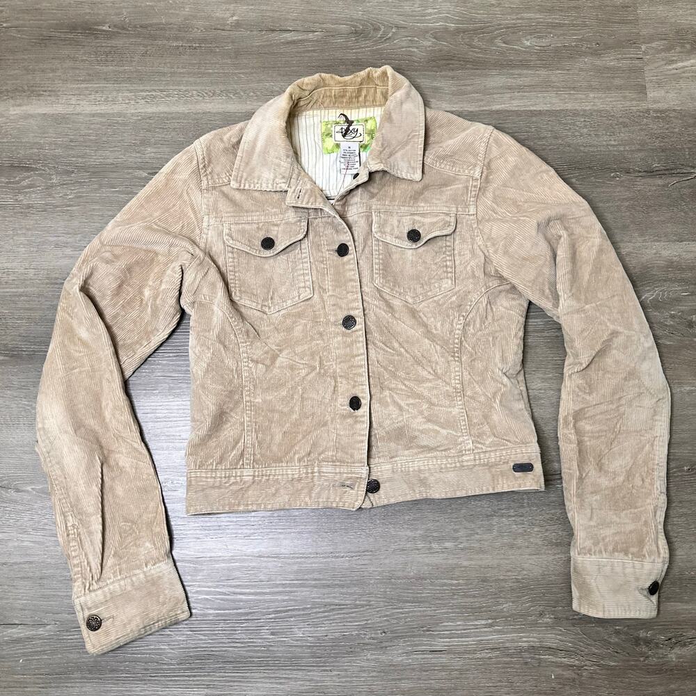 Roxy Beige Corduroy Jacket Floral Embroidered Size Medium Y2K